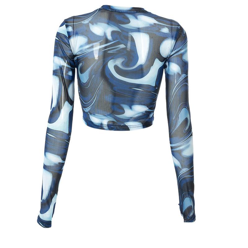 Sexy See Trough Crop Top Y2K Vintage grafický potisk Zelené síťové tričko s dlouhým rukávem Slim Fit tričko Dámské oblečení