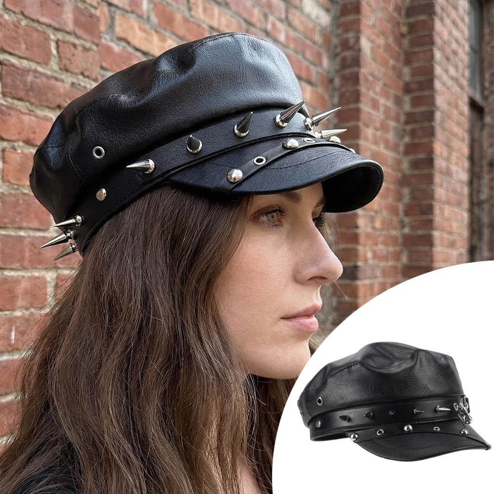 Nieten Baskenmütze Schwarzes Leder Newsboy Cap Kunstleder Schnalle Malerhut Flache Kappe Militärkappe Klassisch Lässig Cool Achteckige Mütze