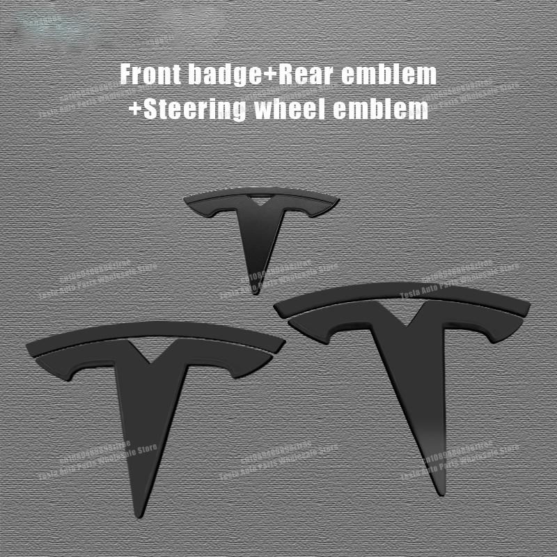 3Pcs For Tesla Model 3 Model Y Auto Steering Wheel Center Decal Car Logo Front Hood Grille Rear Trunk Decorate Sticker Accessory Model 3