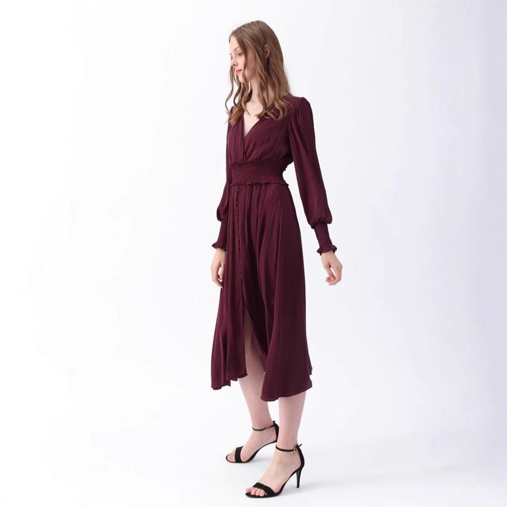 New V-Neck Long Sleeve Burgundy Women's Casual Dress For Spring Autumn