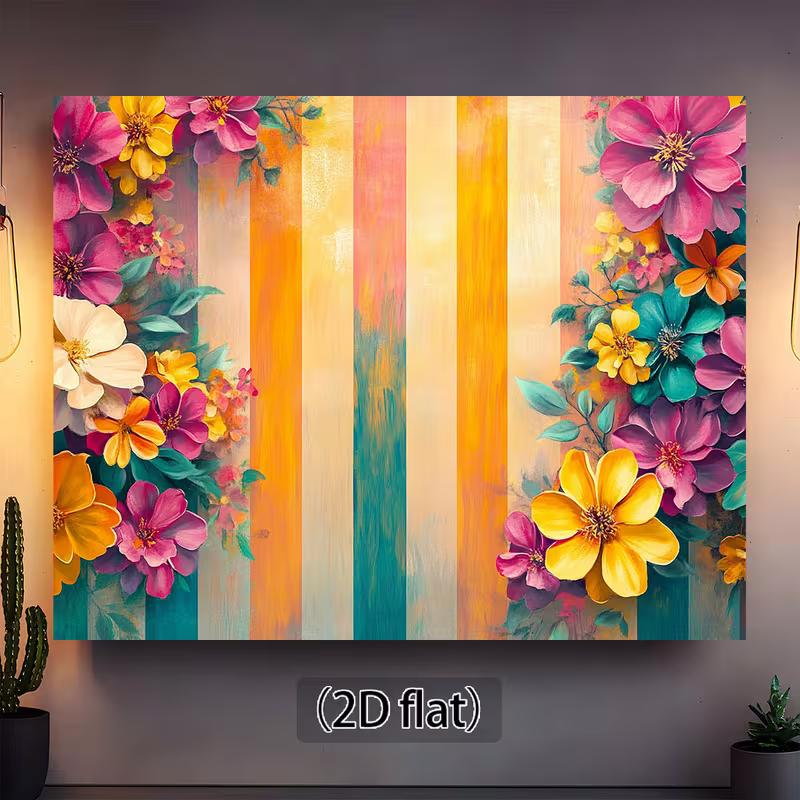 2D Colorful Floral Backdrop, Vibrant Flowers with Striped Background