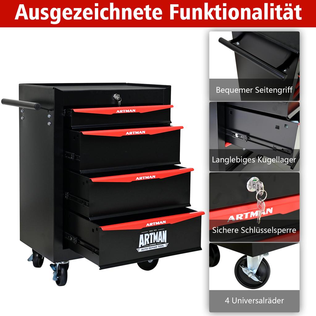 Mobile Metal Tool Cabinet with 4 Drawers, 508 mm (20 Inch), and Ball-Bearing Drawer Slides, Organizing Steel Tool Box – Black-Red