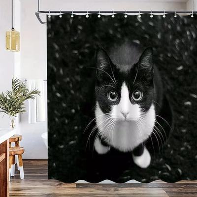 Black White Cat Shower Curtain Snowy Forest Portrait Print Bathroom Decor Waterproof Curtains Pet Lover Home Style