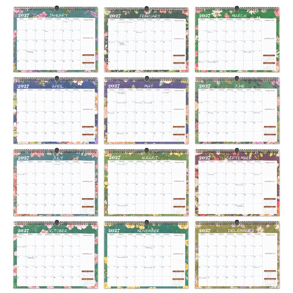 12 Months 2027 Calendar 12 Months Hanging Monthly Calendar 2027 Floral Wall Calendar for School Home Office Organization