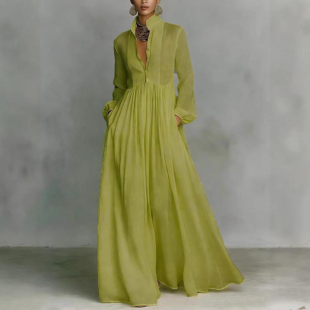 Abito Pieghettato a Vita Alta Sottile a Maniche Lunghe Stile Europeo e Americano Francese Temperamento Elegante Retro Casual Stile Vacanza