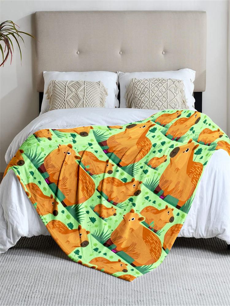 1 Piece Capybara-Themed Green Plush Blanket, Soft, Suitable For Sofa, Bed, Office, All-Season Use.