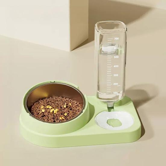 2-in-1 Pet Feeder Tilted Dog Food Bowl with 700ml Automatic Water Dispenser Stainless Steel Bowl Food And Water Feeder for Cats Dogs