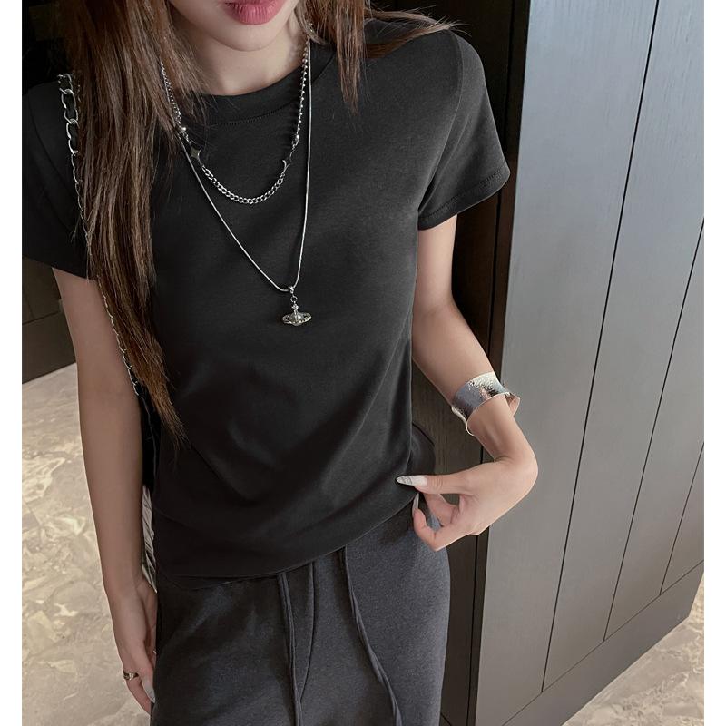 

Solid color round neck high-end temperament front shoulder short-sleeved t-shirt women s summer new basic version casual pure cotton bottoming shirt s (suitable for weight 35-47.5kg ) чёрный