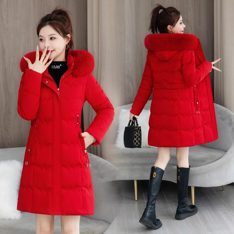 Large Size Waist Large Fur Collar New Winter Coat Long Hooded Cotton-padded Clothes Waist Rope Thin Thickened Cotton Clothes Women