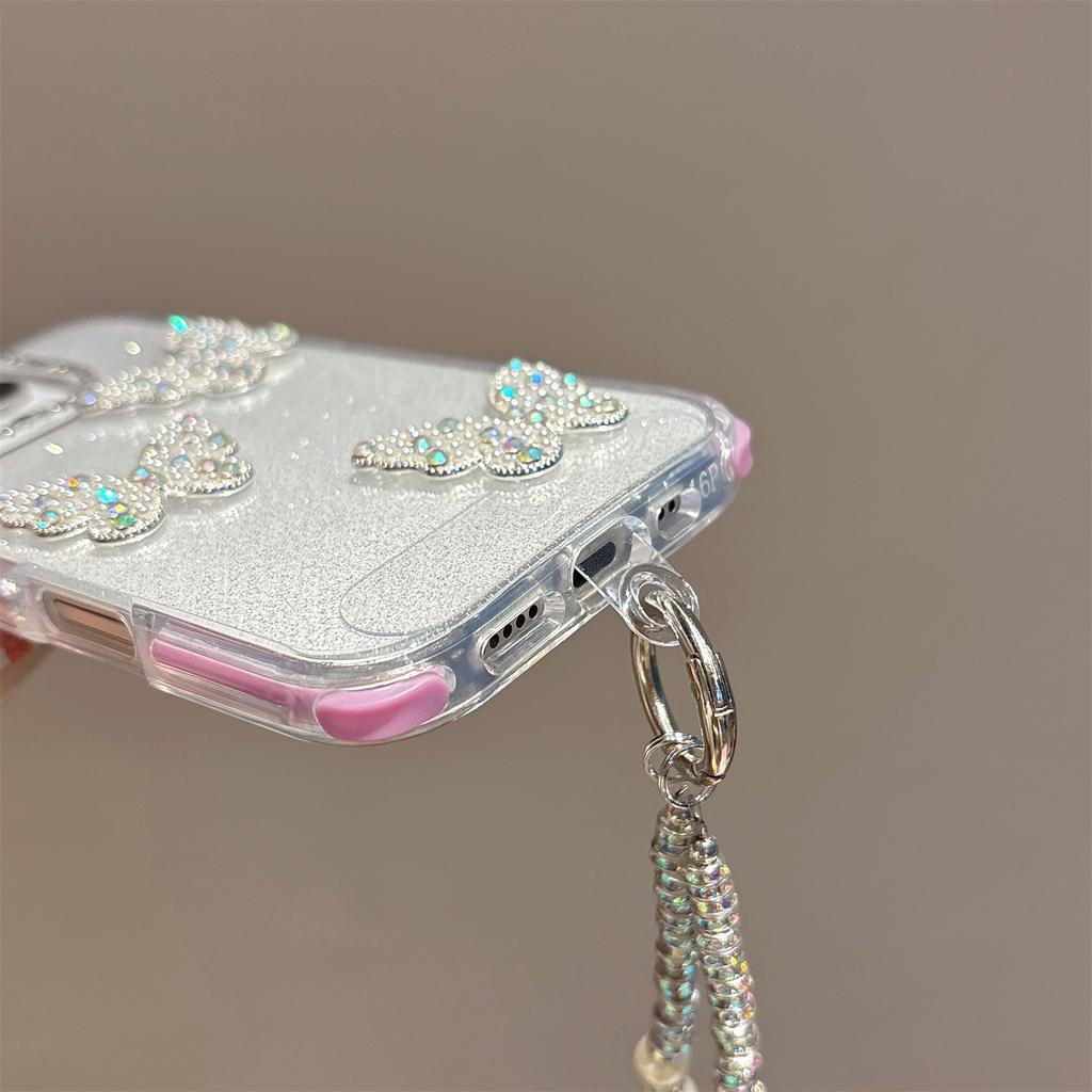 Für iPhone 16 Pro Hülle Glitzer Strassstein Dekor Schmetterling TPU + PC Handyhülle mit Perlenband