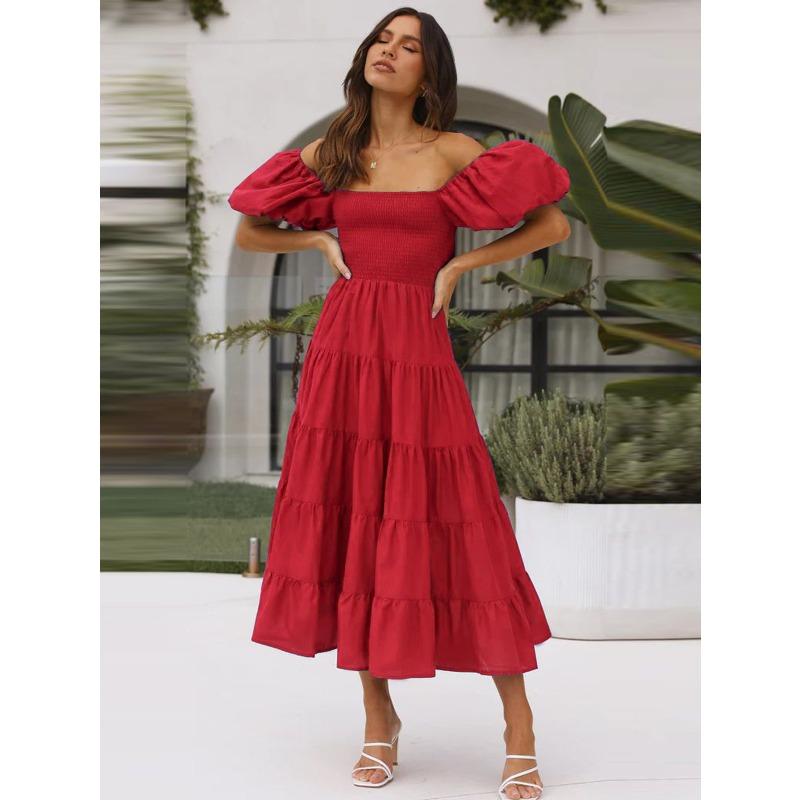 Summer New Bubble Sleeve Holiday Skinny Long Dress Spice Girl High Waist Shoulder Printed Dress Women