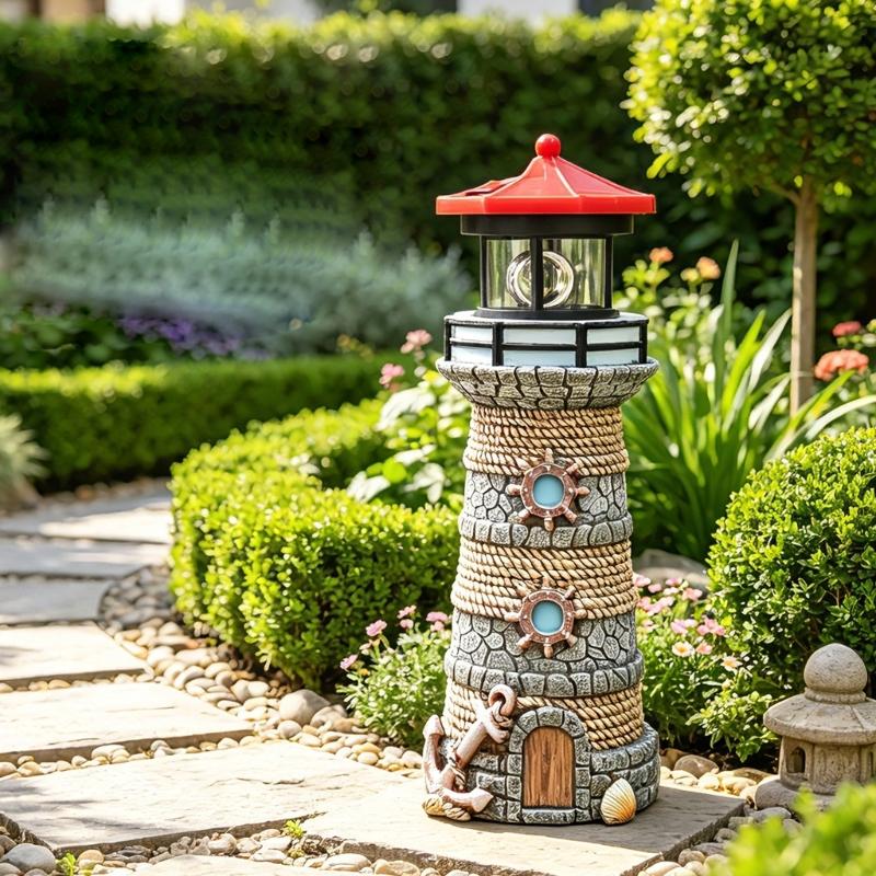 Garden Solar Sea Tower Figure with Ocean Theme Body and Lighted Top for Outdoor Yard Display Piece Space Area, Approx. 10.63 In Tall