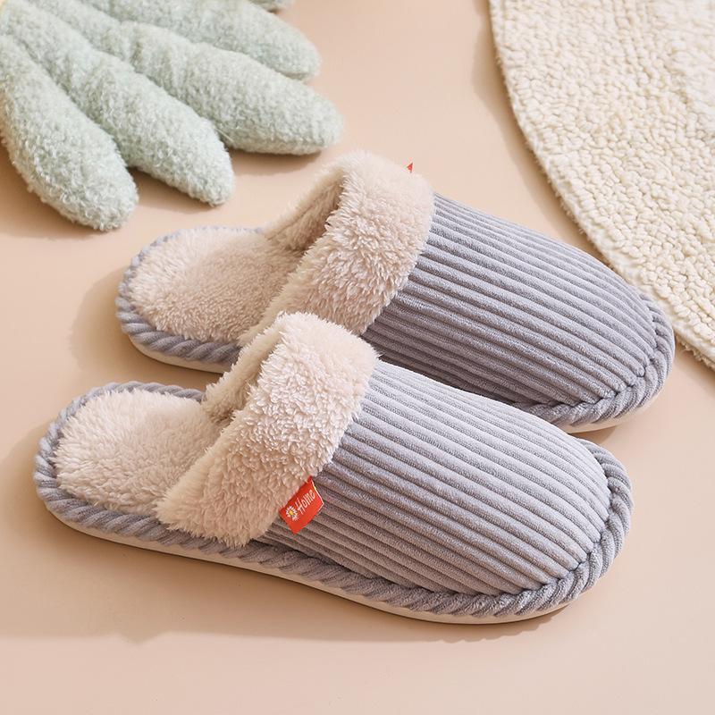 Warm Striped Non-Slip Fluffy Cotton Slippers for Men & Women