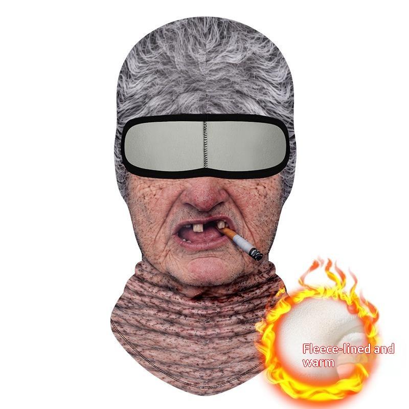 Maschera Facciale Traspirante a Copertura Totale con Stampa 3D di Vecchio, Fori per gli Occhi Bianchi, Baffi Bianchi, Maschera da Sci Elastica con Cappuccio