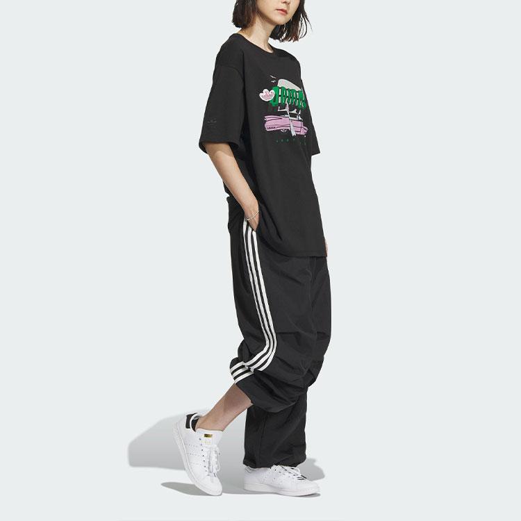 Adidas Originals Anime Print Casual Loose Fit Crew Neck Knit Short Sleeve Drop Shoulder T-Shirt Women Tops Black IW6297
