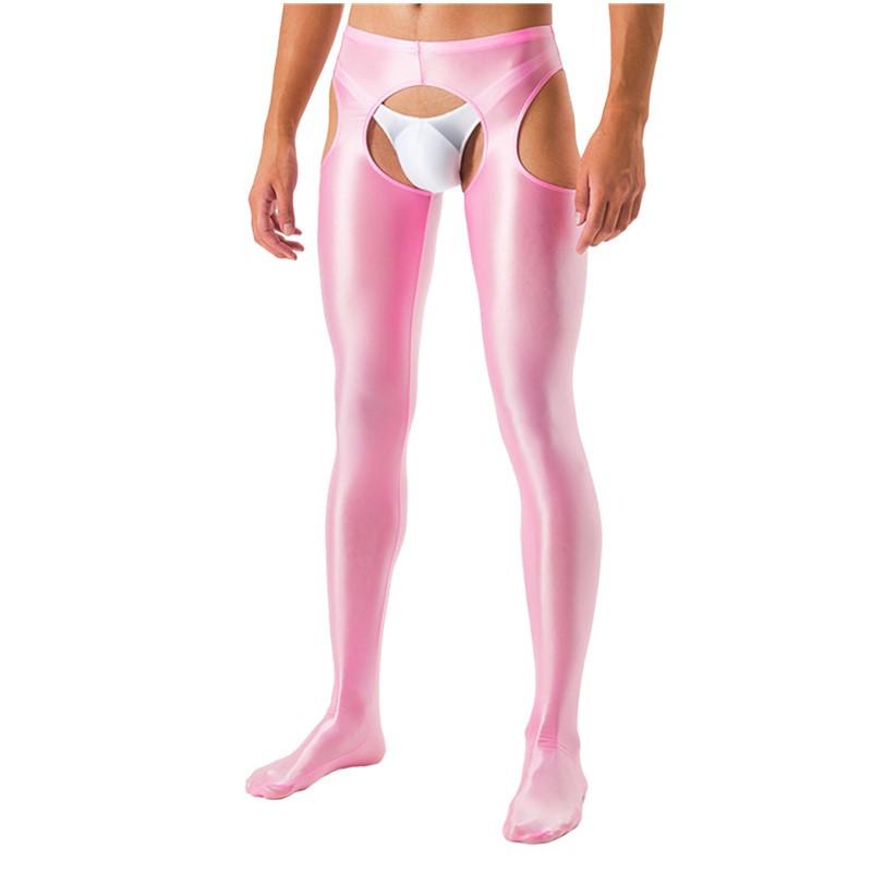 Mens Glossy Mid Waist Pantyhose Elastic Waistband Crotchless Cutout Design Skinny Leggings Sheer Clubwear Tights