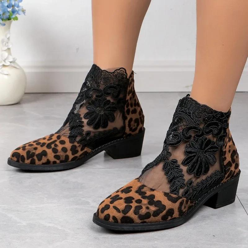 Low Heel Zipper Women's Sandals 2024 Women's Shoes Leopard Embroidered Flower Women's Mid Top High Heel Sandals High Heels