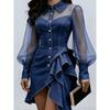 Bubble Sleeve Buttons Are Thin and Slim, with Asymmetrical Ruffle Edges, Elegant Long-sleeved Denim Dress for Women