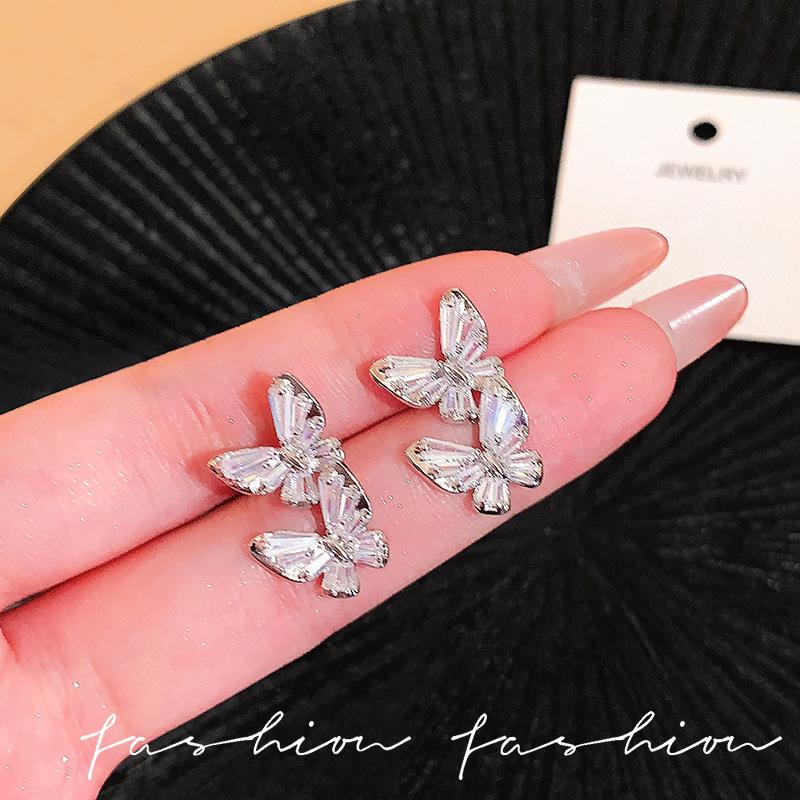 

Bright ice crystal butterfly full zirconium earrings women s explosion light luxury temperament atmosphere earrings simplicity Korean earrings