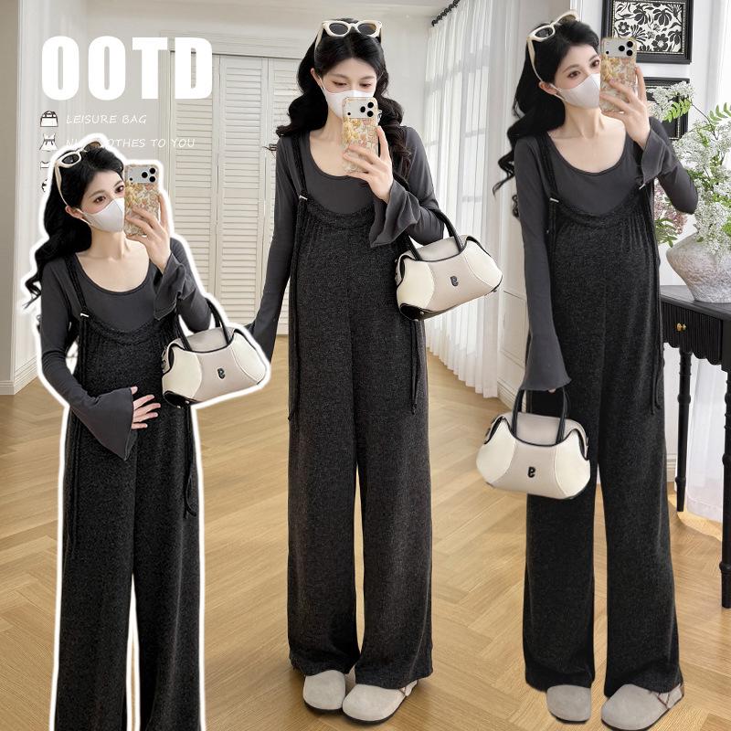 Spring 2026 Knit Cotton Maternity Overalls & Flare Sleeve Top Set 2XL