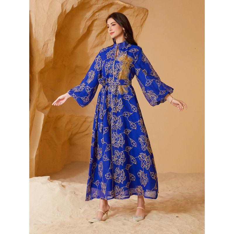 Indonesia Middle East Blue Applique Embroidered Closed Puff Sleeves Belt Dubai Robe Dress Long Dress
