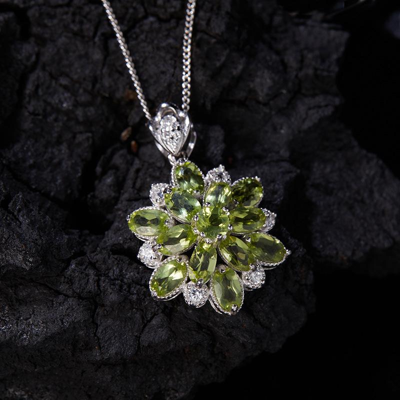 S925 Sterling Silber Natürlicher Citrin Peridot Farbiger Schatz Halskette Damen Premium Dreidimensionaler Blumen Anhänger