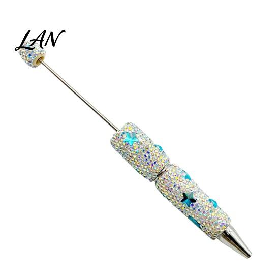 Shiny Rhinestone Pens Glitter Beadable Ballpoint Pen, Sparkly Star Moon Beaded Plastic Customizable DIY Handmade Gel Ink Pen for School Projects,