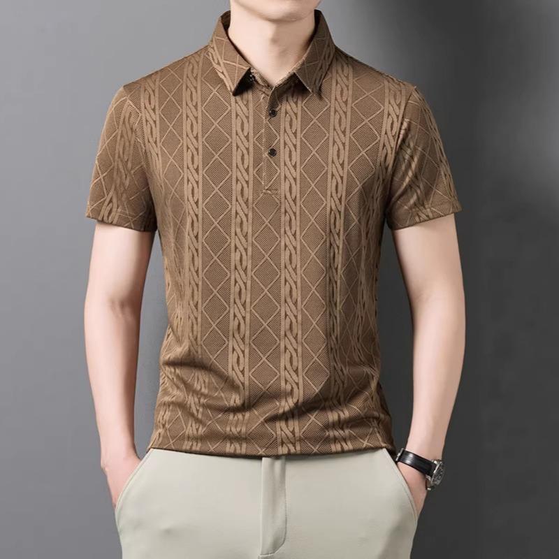 Men's Brown Cable Knit Jacquard Short Sleeve Polo Shirt