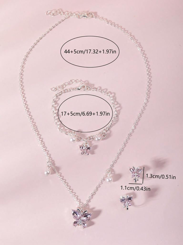 European and American pink purple simple generous butterfly necklace ear clip bracelet 3 pieces girl children's Zircon