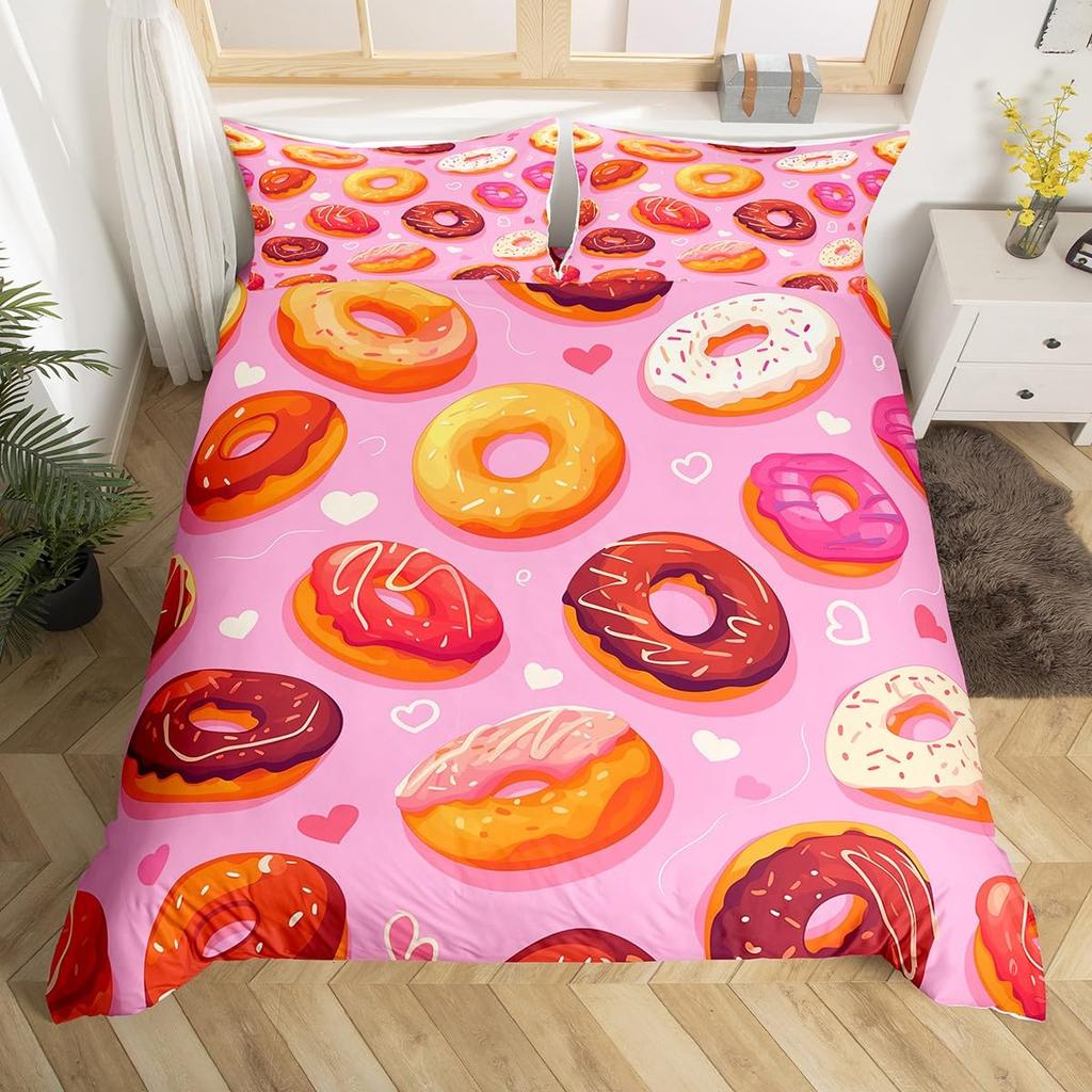 Kawaii Munk Påslakanset Färgglatt Sött Munk Sängklädesset Läckert Efterrätt Rosa Lila Täcke Flickrumsinredning