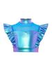 Kids Dance Shirt Metallic Mock Neck Mesh Patchwork Rhinestone Ruffle Crop Top with Press Buttons