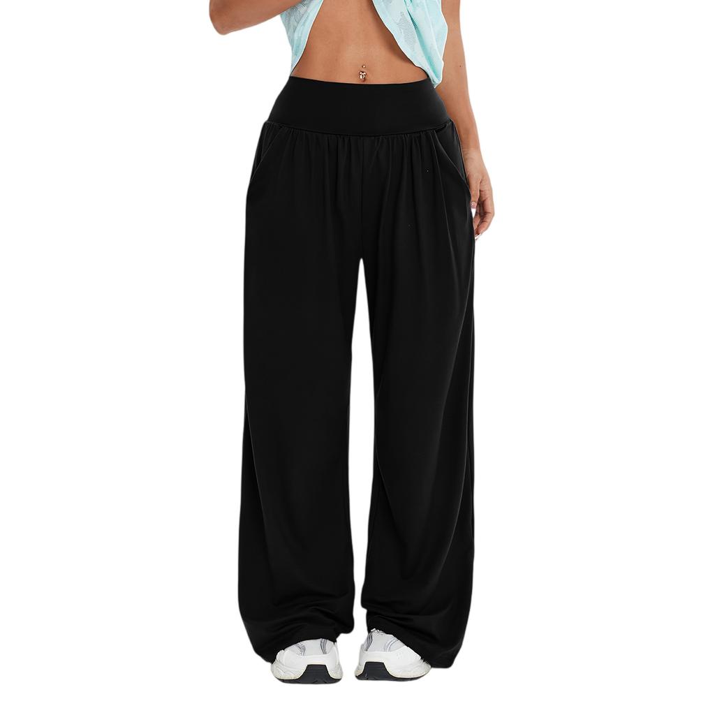 Women's Fashionable Solid Color Straight Leg Pants With High Waist Button Pockets And Elastic Waist Casual Pants