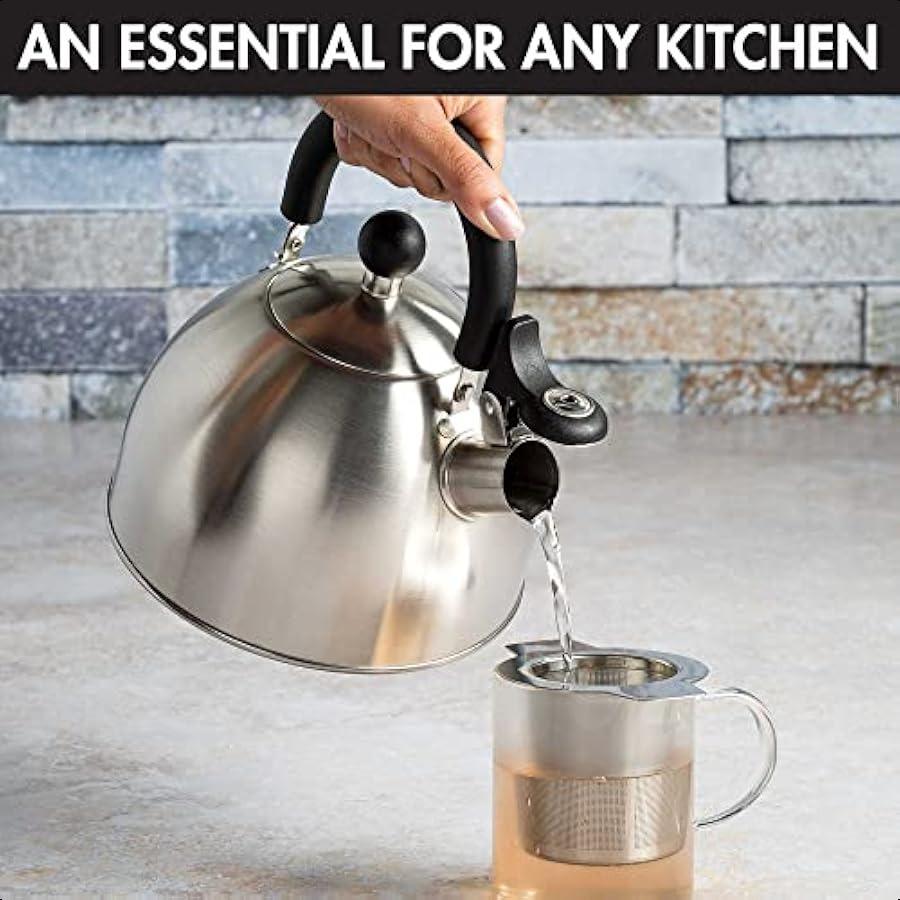 Stewart Whistling Stovetop Tea Kettle Food Grade Stainless Steel Hot Water Fast to Boil Cool Touch Folding 1.5Quart Brushed wit