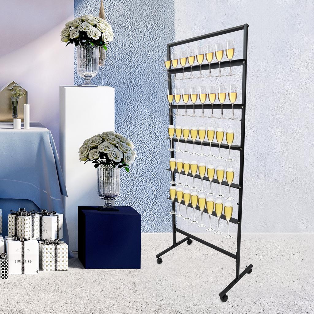 5-Tier Rotating Champagne Tower Display Stand, Sturdy Steel Frame & Smooth Swivel Casters, Easy Assembly Space-Saving Bar Decor