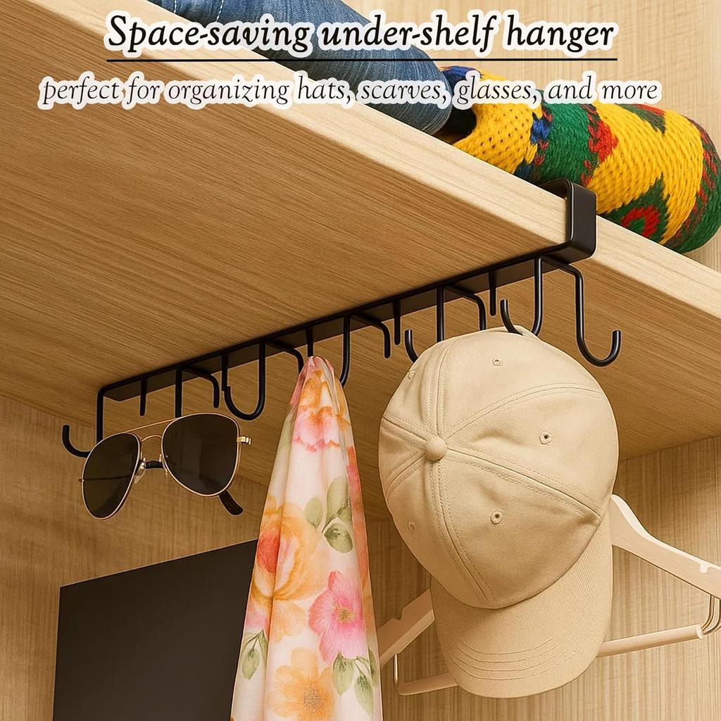 2 Pack Under Cabinet Hook Rack, 12-Hook Double Row Metal Hanging Organizer for Kitchen Utensils, Mugs, Closet Accessories, No Drill Shelf Hanger –