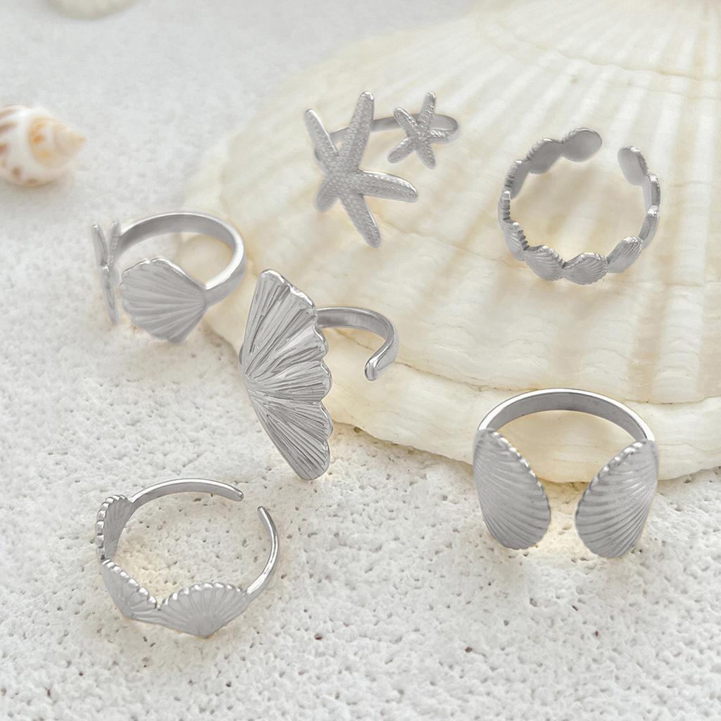 6 Pieces Shell Starfish Adjustable Rings Set Ocean Vacation Jewelry Gift for Her Trendy Stackable Rings for Daily Wear