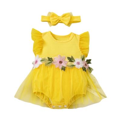 Infant Baby Flower-Embroidered Romper Mesh Dress with Headband