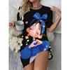 Blue girl patterned floral round-neck short-sleeved dress with hand symbol design