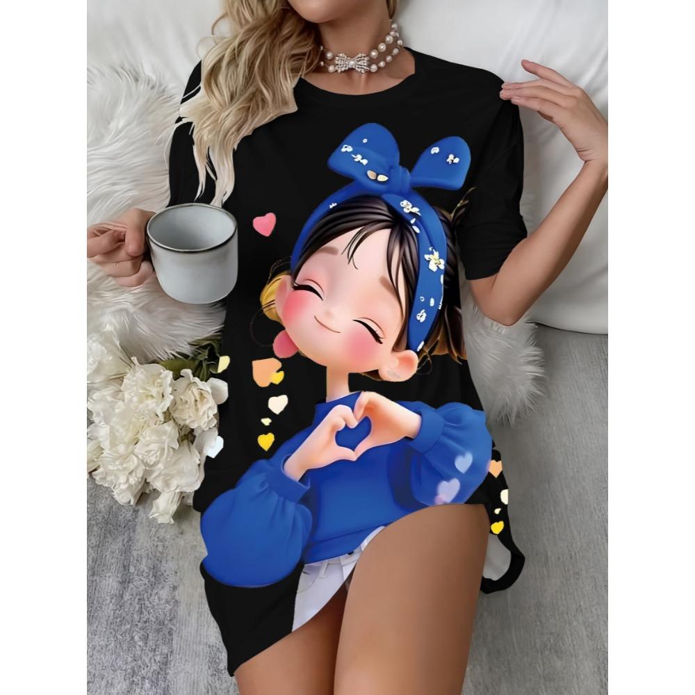 Blue girl patterned floral round-neck short-sleeved dress with hand symbol design