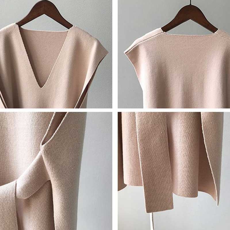 Split Hem Waist Coat with Belt Women's Autumn and Winter V-neck Knitted Vests Outer Wear Korean Version Loose Vest Women's Sleeveless Top