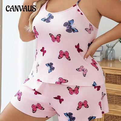 Summer Slim Butterfly Print Camisole Shorts Pajama Suit Plus Size Homewear