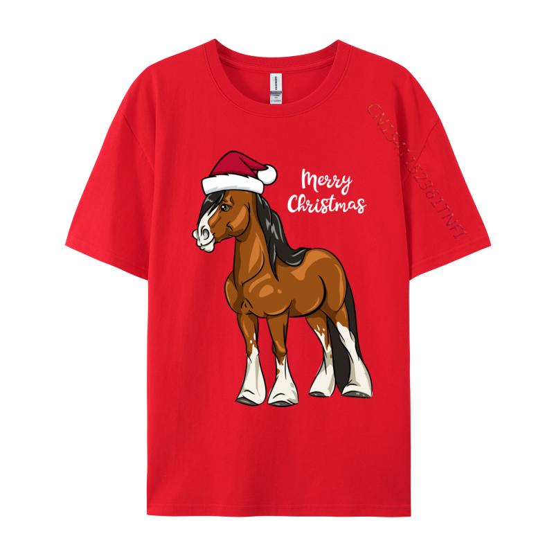 Cute Cartoon Clydesdale Draft Horse Christmas T-Shirt Men Crew Neck Camisas Men Printed Tops Tee Pure Cotton