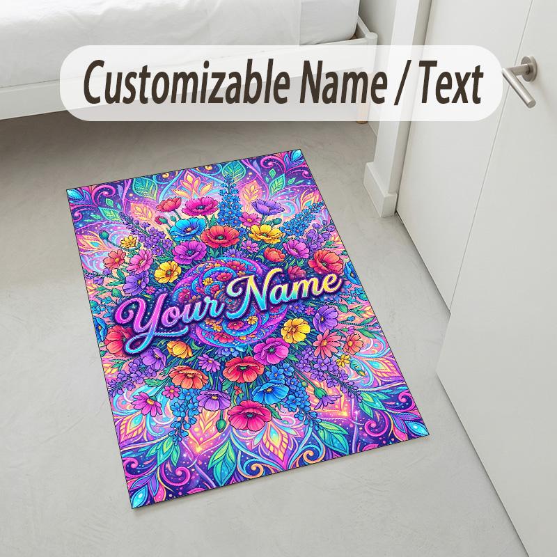 Floral Garden Theme Crystal Velvet Rug Personalized Custom Name Text Soft Floor Mat Home Decor