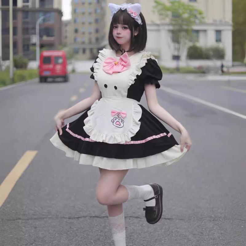 Cute Maid Short-sleeved Dress Cosplay Lolita Halloween Women's Costume + Headband 2-piece Set