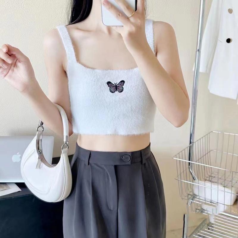 Girl's Furry Butterfly Embroidered Navel-exposed Vest Suspender Sling and Versatile Top Korean Trendy and Fashionable
