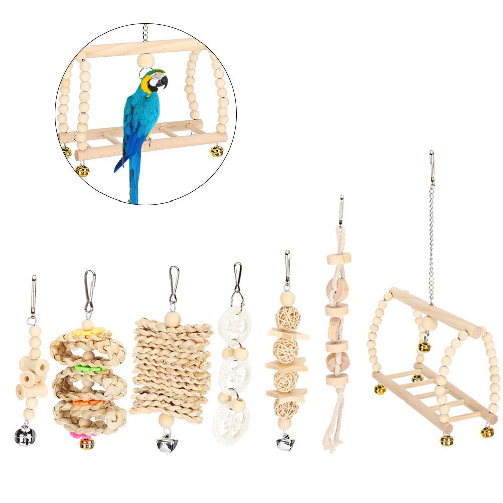 7PCS/Pack Parrot Toy Set Hanging Swing Bells  Wooden Bridge Chewing Parts Supplies