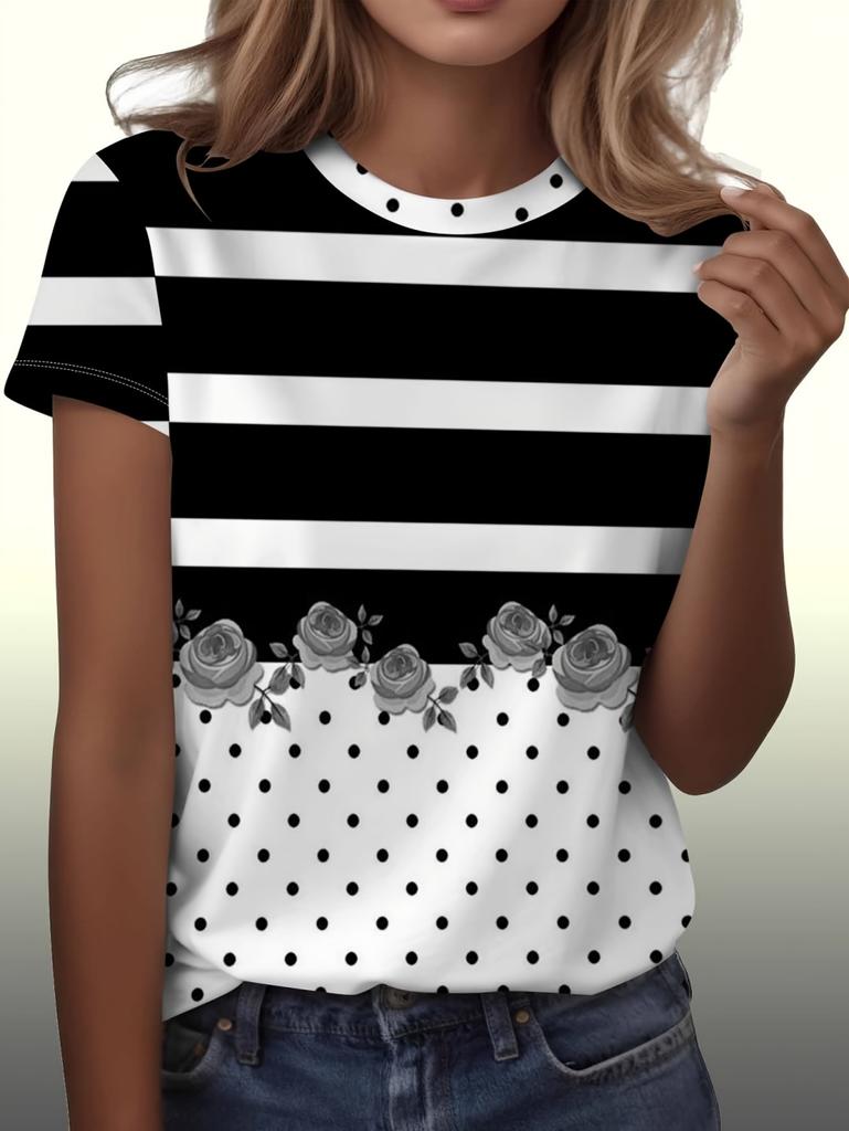 Vintage Summer Women's Polka Dots T-Shirt Floral Graphic Fashion Casual Short Sleeve Crew Neck Tops Tees Daily Female Clothing