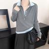 Autumn and Winter New Splicing Contrasting Color Fake Two-piece Lapel Knitted Sweater Stacked Casual Thin Top Sweater