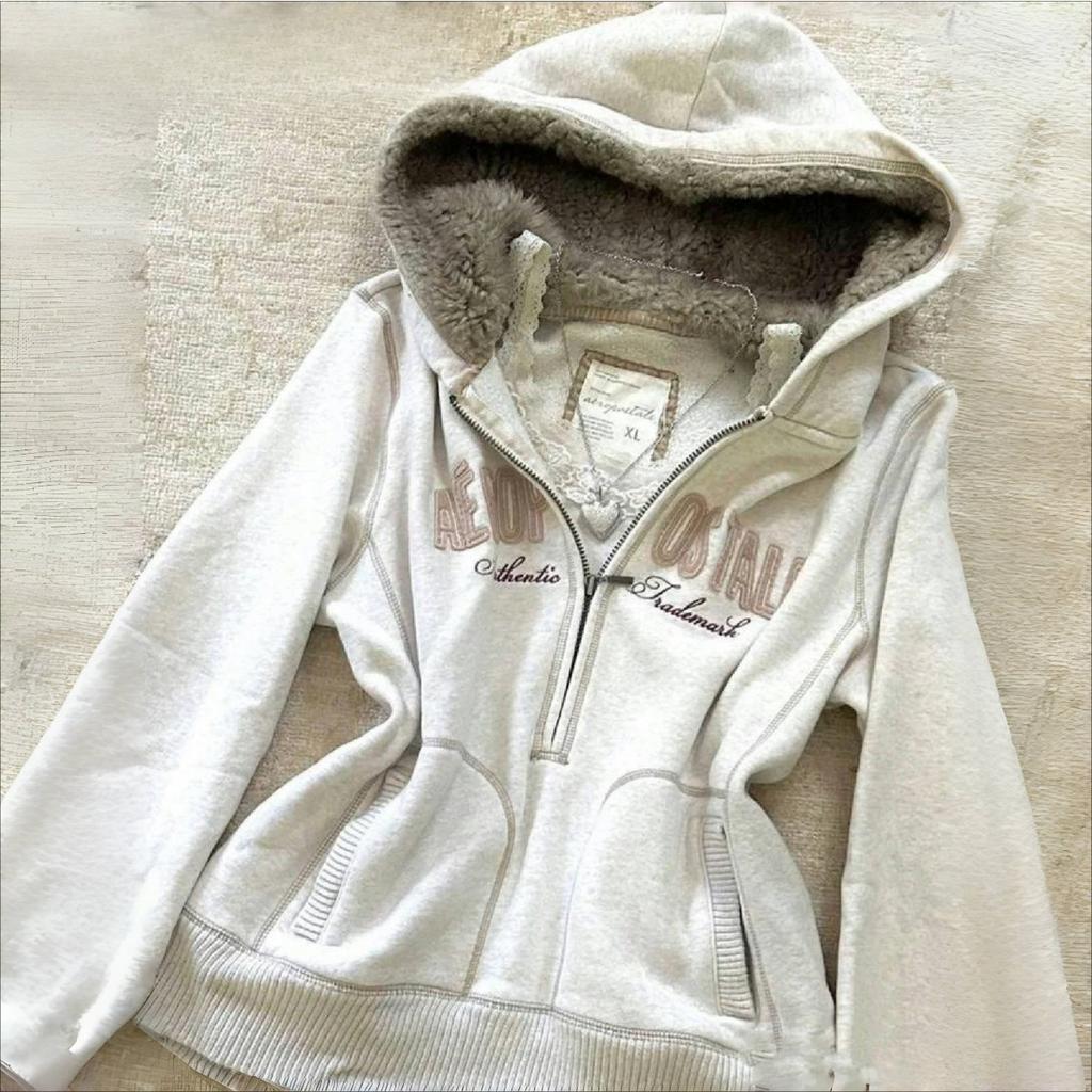 2KWEIRD Y2K Punk Vintage Grå Fleece Hettegenser Dame Plysjfôret Glidelås Genser Retro Grunge Streetwear Hot Girl Jakke