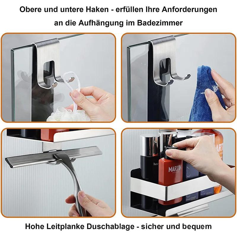 Bathroom Door Back Hanging Shelf Stainless Steel Over Glass Door Storage Rack Shampoo Holder Toiletries Storage Tray with Hook